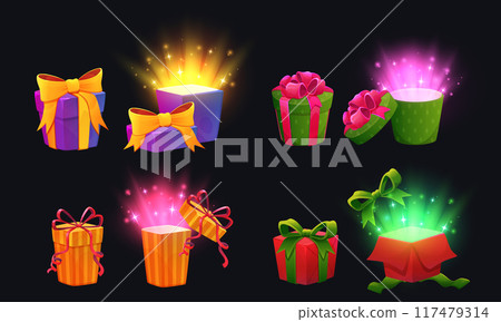 Gift box game. Magic cartoon present with ribbon, icon open glowing stars surprise, party bundle. Wrapped bonus, inside secret, prize set, chest cardboard, . Vector background birthday elements set Gift box game. Magic cartoon present with ribbon, icon open glowing stars surprise, party bundle. Wrapped bonus, inside secret, prize set, chest cardboard, . Vector background birthday elements set 117479314