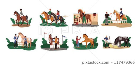 Horse equestrian. Jockeys on horseback. Equine sport. Horseman riding. Rider farm horseback. Girl training pony. Care pet. Domestic animal. Village livestock. Vector tidy equestrianism concept set 117479366