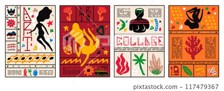 Art abstract poster. Modern doodle Matisse design. Paint pattern. Creative line texture. Graphic contemporary face. Hand drawn collage shapes. People body. Tropical flowers. Vector backgrounds set 117479367