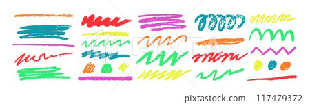 Pencil color line. Crayon brush, highlight underline collection isolated elements for design, texture scrawl borders. Circle sketch shape, scratch, paint. Background chalk sketchy. Vector tidy pen 117479372