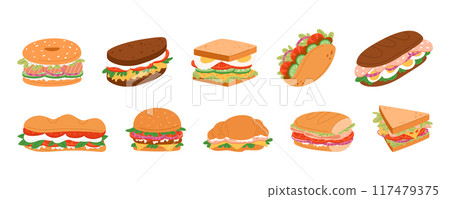 Sandwich food. Bagel, baguette and burger with cheese, chicken and meat. Pita with ham or salmon, meal bun. Flat cartoon healthy restaurant menu isolated elements. Vector icon garish breakfast set 117479375