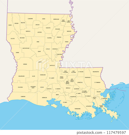 Louisiana, U.S. state, political map with borders and names of parishes. State in the Deep South and South Central regions of the United States, subdivided into 64 parishes. Nicknamed Pelican State. Louisiana, U.S. state, political map with borders and names of parishes. State in the Deep South and South Central regions of the United States, subdivided into 64 parishes. Nicknamed Pelican State. 117479597