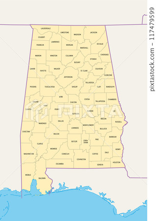 Alabama, U.S. state, political map with borders and county names. State in the Southeastern region of United States, subdivided into 67 counties. Nicknamed The Yellowhammer State, and Heart of Dixie. 117479599