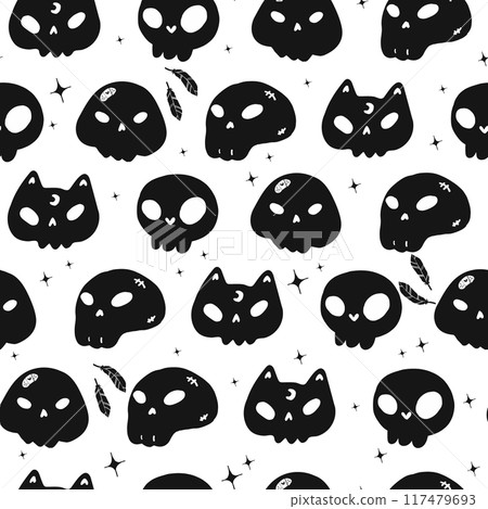 Cute Halloween Seamless Pattern Black Cat and Skull Doodle Drawing on White Background 117479693