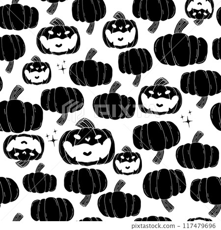 Cute Halloween Seamless Pattern Black Cat and Skull Doodle Drawing on White Background 117479696
