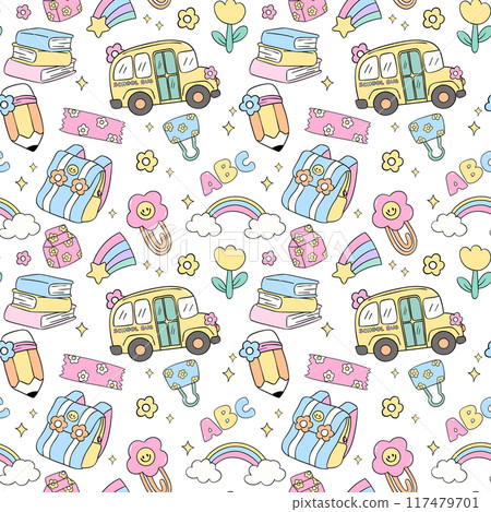 Retro School Supplies Pastel Pattern Seamless Repeating Doodle Design Back to School background 117479701