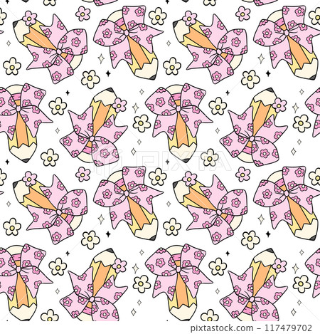 Groovy School Pencil with Bow Flower Power Retro School Seamless Pattern Groovy School Pencil with Bow Flower Power Retro School Seamless Pattern 117479702