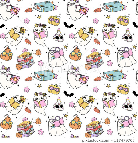 Groovy Girl Ghost Reading Book Halloween Seamless Pattern Playful Trendy Bookish Cartoon doodle 117479705