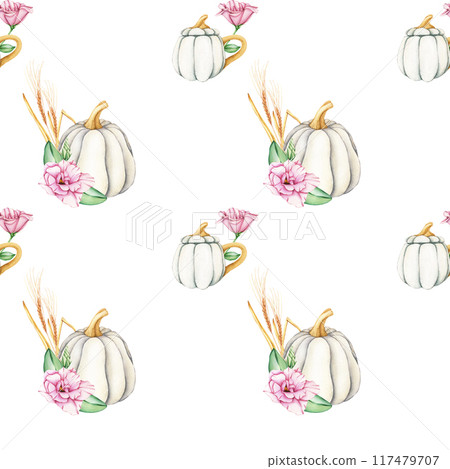 Watercolor Seamless Pattern with white pumpkin and pink flowers in pastel colors. Thanksgiving holiday background. Autumn Home Decorating decor on the white background. Fall harvest illustration Watercolor Seamless Pattern with white pumpkin and pink flowers in pastel colors. Thanksgiving holiday background. Autumn Home Decorating decor on the white background. Fall harvest illustration 117479707