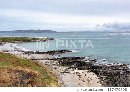 Aerial view of the Inishkeel island during a misty and hazy winter day - Portnoo, County Donegal, Ireland 117479808