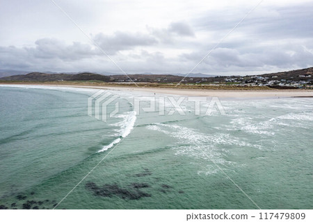 Aerial view of Narin beach during a misty and hazy winter day - Portnoo, County Donegal, Ireland 117479809