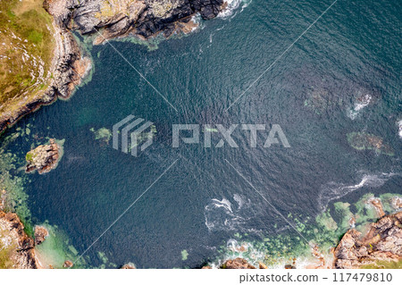 Aerial View of the rocky coastline at Muckros Head beach in Donegal, Ireland Aerial View of the rocky coastline at Muckros Head beach in Donegal, Ireland 117479810