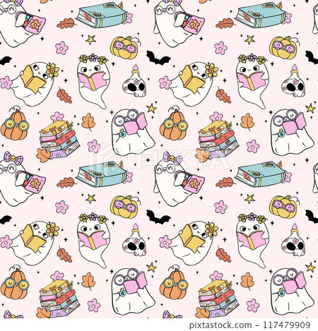 Groovy Girl Ghost Reading Book Halloween Seamless Pattern Playful Trendy Bookish Cartoon doodle 117479909