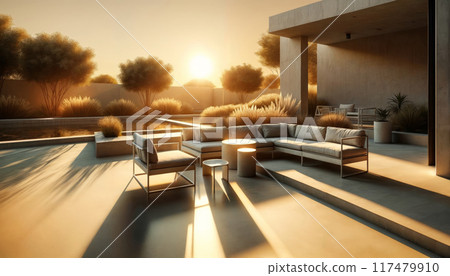 Modern outdoor living space at sunset. Minimalist outdoor patio, featuring furniture against a backdrop of minimalist landscaping 117479910