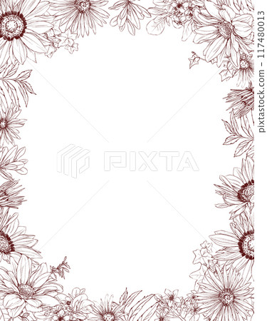 Hand drawn pencil graphics illustration of vintage flowers frame Hand drawn pencil graphics illustration of vintage flowers frame 117480013