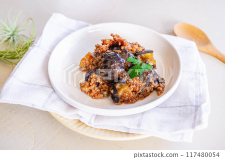 Minced meat and eggplant stir-fried with miso Minced meat and eggplant stir-fried with miso 117480054