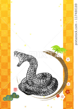 2025 Year of the Snake Japanese-style New Year's card, with a threatening snake coiled in ink painting style and pine, bamboo and plum blossoms, and a background with a Japanese pattern 117480189