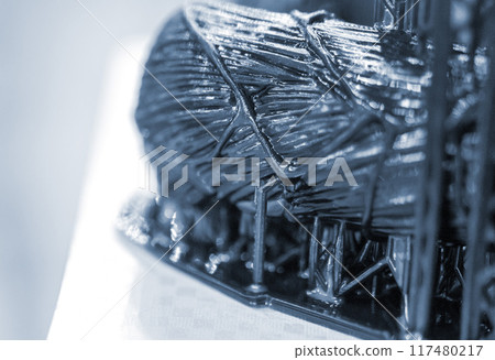 Black model with supports printed on 3D printer close-up. Part of object created on 3D printer from hardened rubber under influence of ultraviolet light. SLA 3D printing technology. Stereolithography Black model with supports printed on 3D printer close-up. Part of object created on 3D printer from hardened rubber under influence of ultraviolet light. SLA 3D printing technology. Stereolithography 117480217