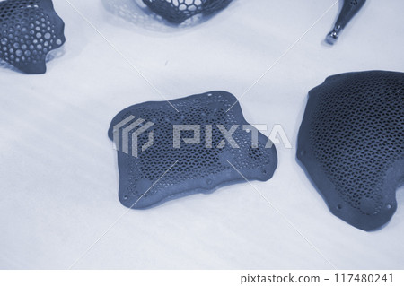 Individual patient-specific cranial plate grid made of biocompatible titanium printed on 3D printer. Bioengineering implant. Medicine medical Individual patient-specific cranial plate grid made of biocompatible titanium printed on 3D printer. Bioengineering implant. Medicine medical 117480241