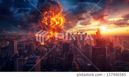 Nuclear bomb explosion in modern city. Nuclear bomb explosion in modern city. 117480365