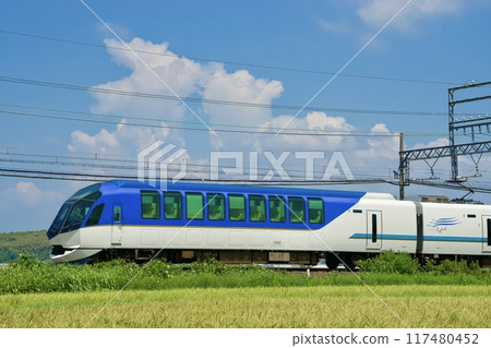 The Kintetsu Limited Express Shimakaze runs against the backdrop of summer cumulonimbus clouds. 117480452