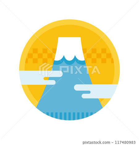 Yellow sunrise and simple round Japanese style icon of Mt. Fuji and clouds 117480983