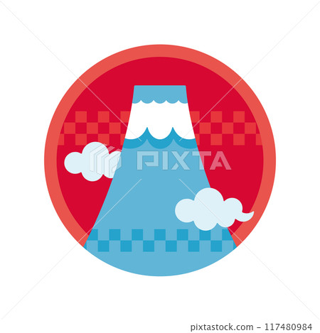 Red sunrise with modern round icon of Mt. Fuji and clouds 117480984