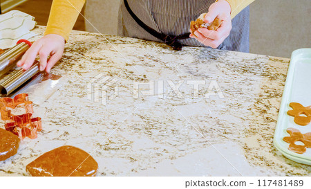Using an adjustable rolling pin to roll out gingerbread cookie dough on the elegant marble counter in a modern kitchen, getting ready for festive holiday baking. 117481489