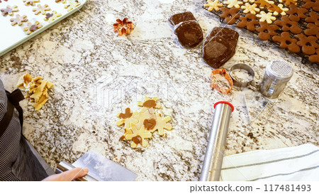 Using various festive cookie cutters, we're cutting out charming gingerbread cookies from the rolled dough on the sleek marble counter, bringing holiday cheer to the modern kitchen. Using various festive cookie cutters, we're cutting out charming gingerbread cookies from the rolled dough on the sleek marble counter, bringing holiday cheer to the modern kitchen. 117481493