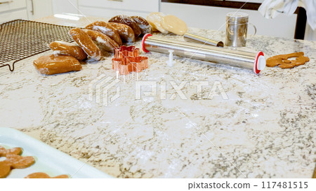 Using an adjustable rolling pin to roll out gingerbread cookie dough on the elegant marble counter in a modern kitchen, getting ready for festive holiday baking. 117481515