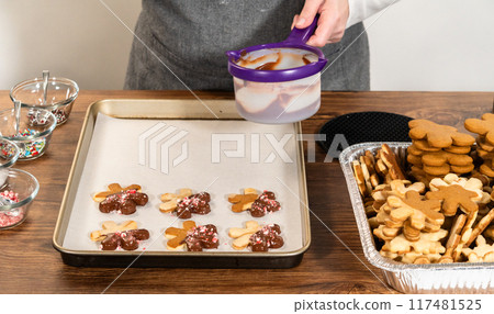 Preparing star-shaped cookies, half-dipped in chocolate, accented with peppermint chocolate chips for the holidays. 117481525
