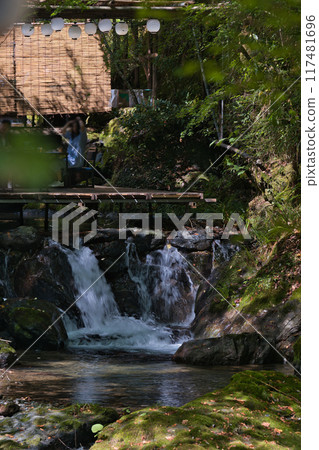 Scenery of the riverside terrace and clear stream of the Kifune River in Kyoto Scenery of the riverside terrace and clear stream of the Kifune River in Kyoto 117481696
