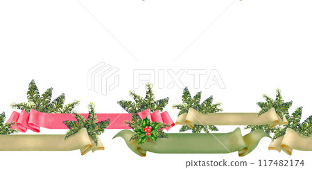 Seamless border of Christmas paper ribbon banner with green fir branches. Watercolor botanical illustration isolated on white background. Vintage rolled up template for text with paper in multicolor Seamless border of Christmas paper ribbon banner with green fir branches. Watercolor botanical illustration isolated on white background. Vintage rolled up template for text with paper in multicolor 117482174
