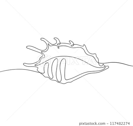 Sea shell in continuous line art drawing style. Hand drawn vector illustration. Minimalist black linear sketch isolated on white background. Sea shell in continuous line art drawing style. Hand drawn vector illustration. Minimalist black linear sketch isolated on white background. 117482274