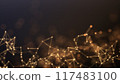 Abstract plexus background with glowing yellow and orange connecting lines and nodes. Full HD with smooth cycling. Festive, cozy, warm, scientific template. Network connection concept, LED garland,	 117483100