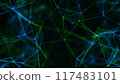 Abstract network connections in green blue color. Multicolored plexus effect black background. 4k neural networks, points connected by lines, move chaotically. Intersection triangles, polygons	 117483101