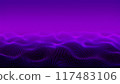 ultraviolet waves glow. Liquid graphic landscape in purple color. Abstract earth background. Gradient neon desert. Pink horizon made of blue burning particles. An obsessive Sci-fi microcosm 4k.	 117483106