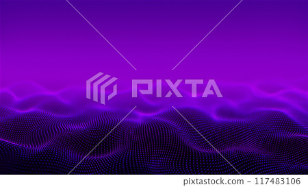 ultraviolet waves glow. Liquid graphic landscape in purple color. Abstract earth background. Gradient neon desert. Pink horizon made of blue burning particles. An obsessive Sci-fi microcosm 4k.	 117483106