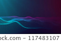 Digital blue pink waves. Wavy magenta turquoise gradient. 4k graphic landscape. Wavy space. Sci-fi microworld. Abstract data flow concept. Focused field with glowing HUD. Blue red background	 117483107