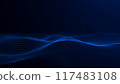 Digital blue waves. Linear sea. 4k graphic landscape, typographic map. Wavy space. Sci-fi microworld. Focused gradient blue background. Data flow concept. Blue field glowing HUD. Blue background	 117483108