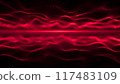 red waves glow. Liquid graphic landscape in red color. Abstract background of earth and sky. Symmetrical space desert. Red sea horizon made of burning particles. An obsessive Sci-fi microcosm. 4k	 117483109