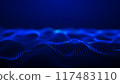 Blue waves on a blue background. 4k oscillation of the luminous horizon. Digital sea, graphic landscape, typographic map. Wavy space. Sci-fi microworld, for HUD.	 117483110