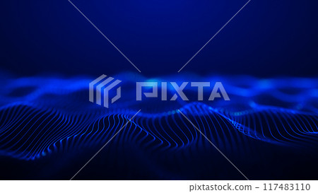 Blue waves on a blue background. 4k oscillation of the luminous horizon. Digital sea, graphic landscape, typographic map. Wavy space. Sci-fi microworld, for HUD.	 117483110