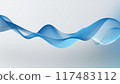 Blue wave on a white background. Vector water liquid linear shape. Blue ribbon moves smoothly. A smooth transparent plastic line flows on a light background. The wavy wiggle of the blue stripe. 117483112