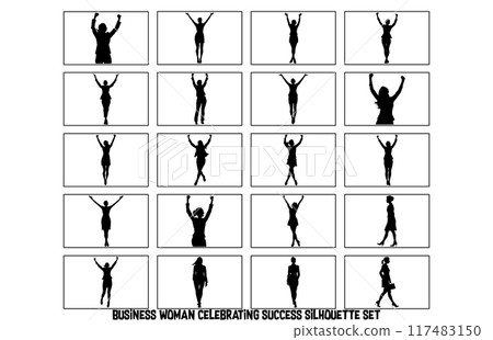 Businesswoman with her hands up silhouette, celebrating success silhouette Businesswoman with her hands up silhouette, celebrating success silhouette 117483150