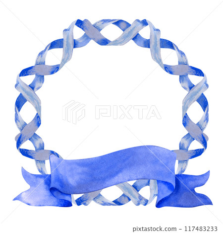 Vintage paper frame with ribbon banner for decorative texts. Watercolor illustration of a wreath isolated on a white background. Woven paper ribbon ornament with parchment texture in pastel blue color Vintage paper frame with ribbon banner for decorative texts. Watercolor illustration of a wreath isolated on a white background. Woven paper ribbon ornament with parchment texture in pastel blue color 117483233