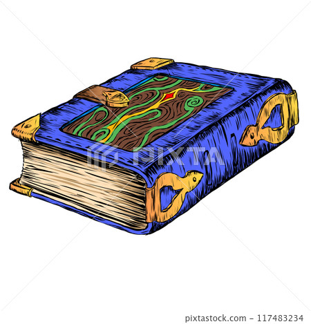 A thick blue book edged with copper corners in a stitched leather binding made of tanned leather of now non-existent magical animals. Vector illustrationA thick blue book edged with copper corners in A thick blue book edged with copper corners in a stitched leather binding made of tanned leather of now non-existent magical animals. Vector illustrationA thick blue book edged with copper corners in 117483234
