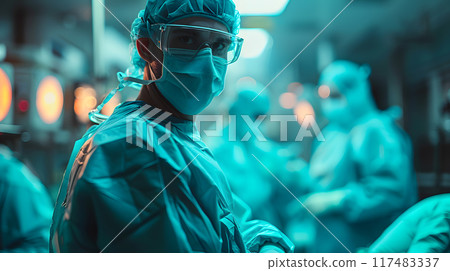 Healthcare professionals dressed in surgical attire works diligently in an operating room. Bright overhead lights illuminate the area as they focus on their task. 117483337