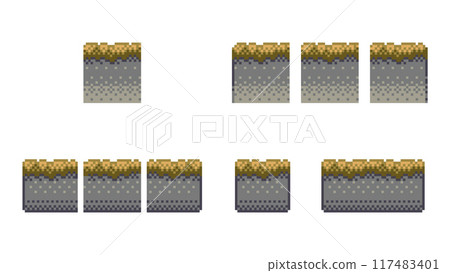 Pixel art tile set for 2d retro video-game. A set of grey ground tiles with autumn grass for platformer for location constructor. Vector illustration. Pixel art tile set for 2d retro video-game. A set of grey ground tiles with autumn grass for platformer for location constructor. Vector illustration. 117483401