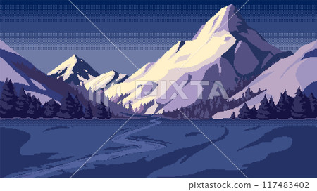 Pixel art mountain background at night. Horizontal seamless nature vector illustration. Pixel art mountain background at night. Horizontal seamless nature vector illustration. 117483402